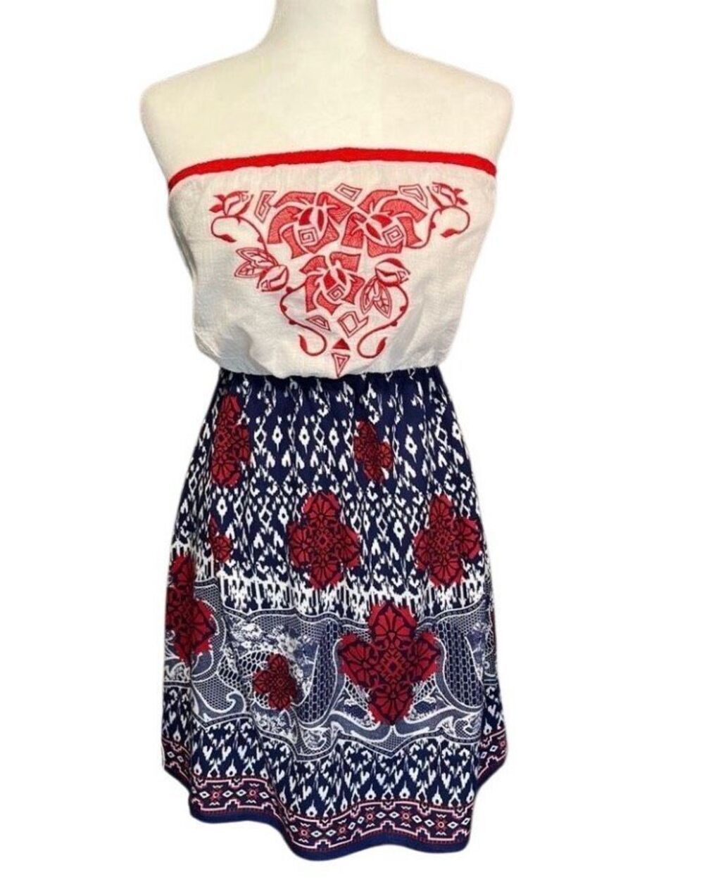 Dina Be strapless red and navy dress with embroidered bodice and floral skirt- M